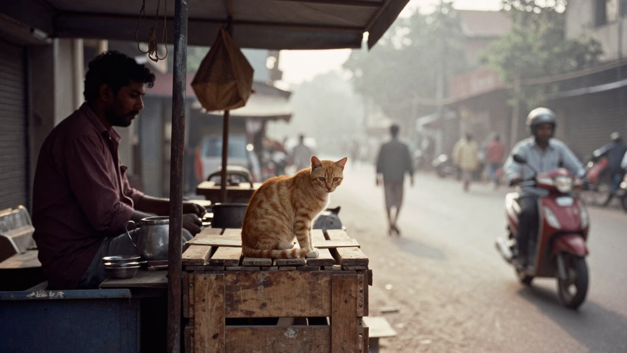 Street Scene at As First Light Reaches The Scene in Hyderabad in in Hyderabad, India