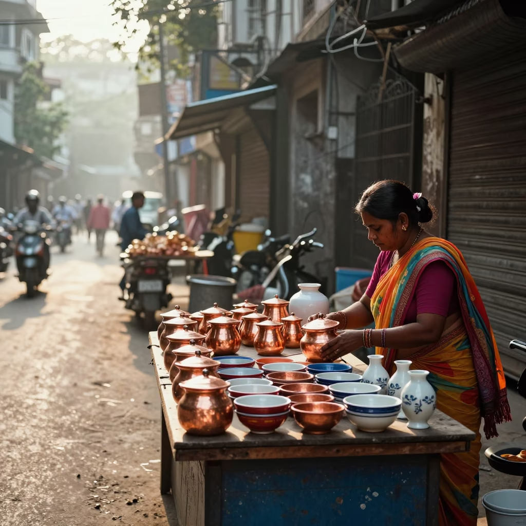 Street Scene at As First Light Reaches The Scene in Kolkata in in Kolkata, India