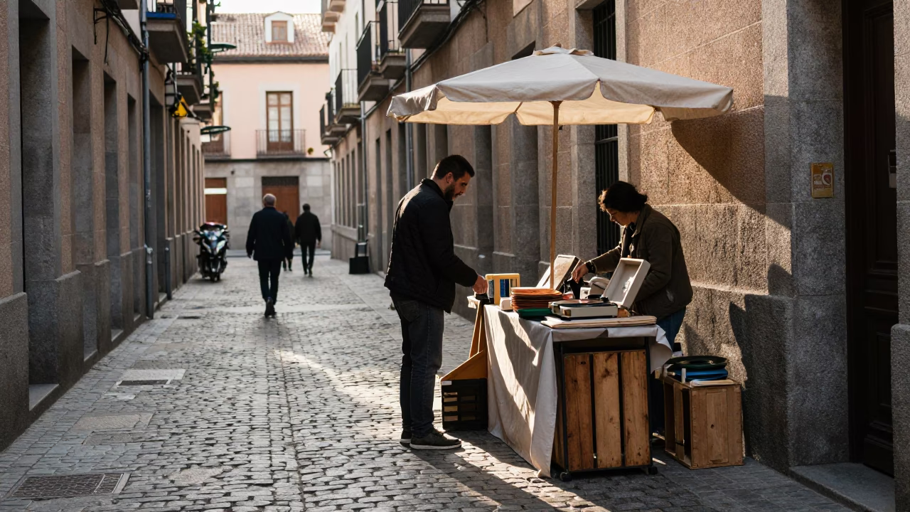Street Scene at As First Light Reaches The Scene in Madrid in in Madrid, Spain