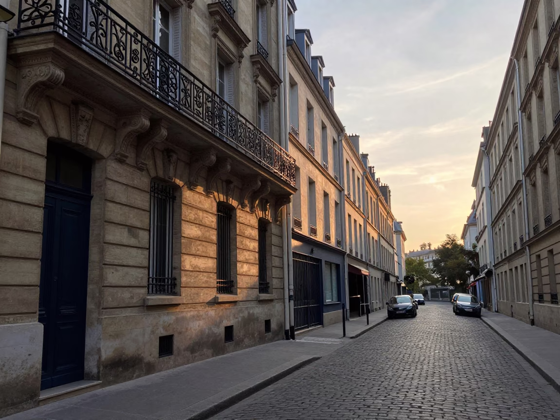 Street Scene at As First Light Reaches The Scene in Paris in in Paris, France
