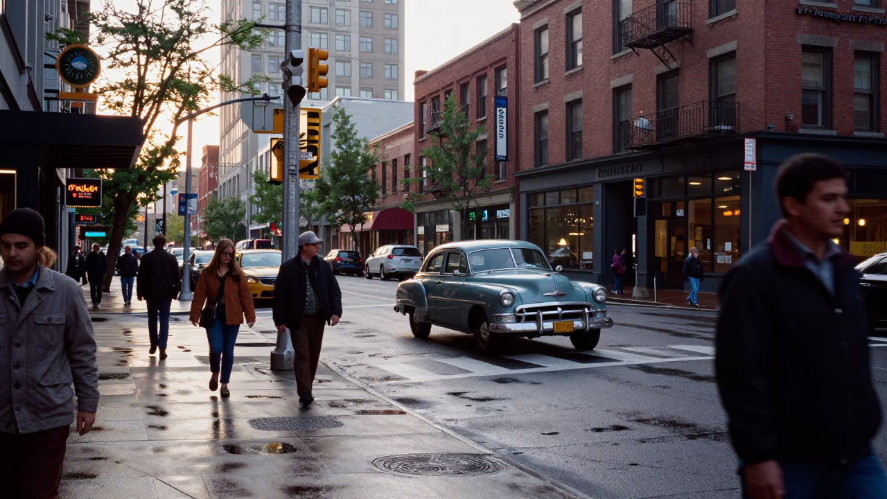 Street Scene at As First Light Reaches The Scene in Portland in in Portland, Oregon, United States