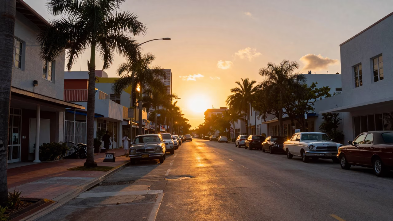 Street Scene at As The Sun Drops Toward The Horizon in Miami in in Miami, Florida, United States