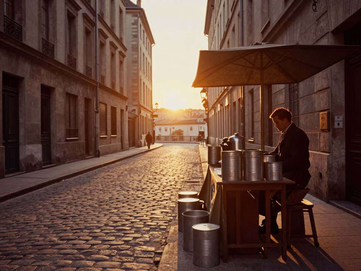 Street Scene at As The Sun Drops Toward The Horizon in Lyon in in Lyon, France