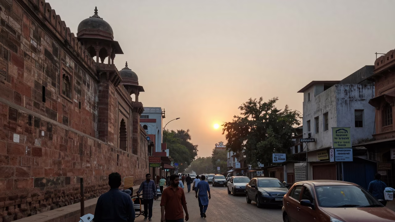 Street Scene at As The Sun Drops Toward The Horizon in Delhi in in Delhi, India