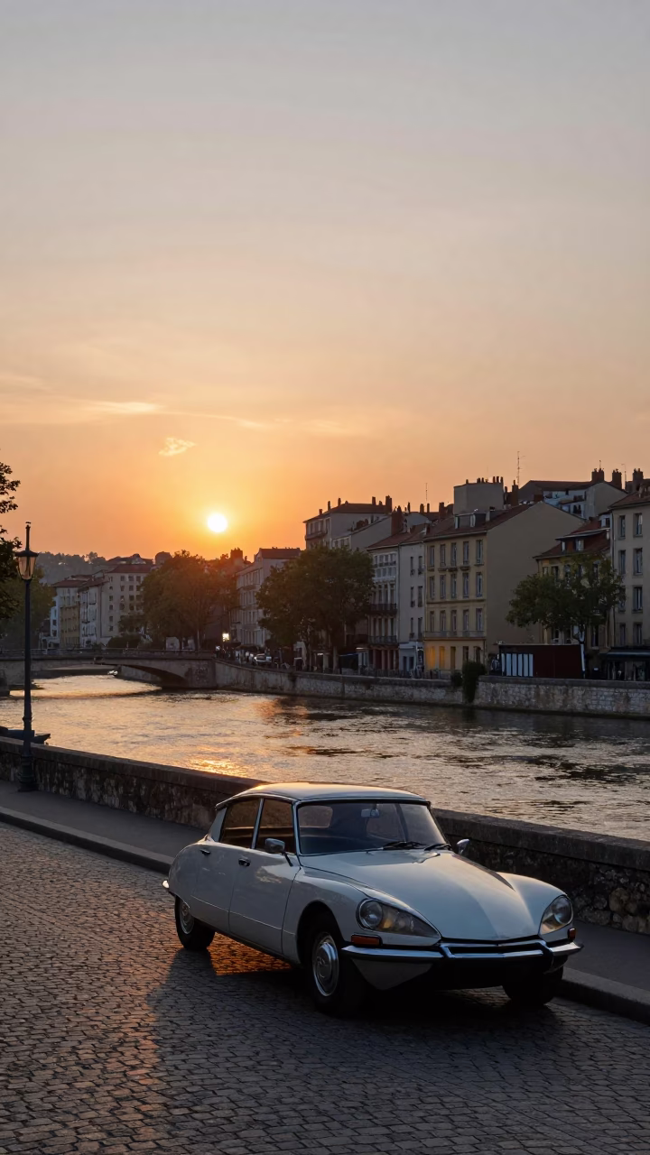 Street Scene at As The Sun Drops Toward The Horizon in Lyon in in Lyon, France