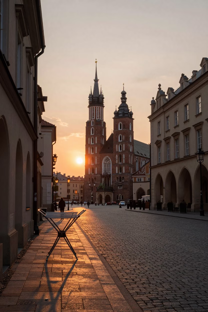 Street Scene at As The Sun Drops Toward The Horizon in Krakow in in Krakow, Poland