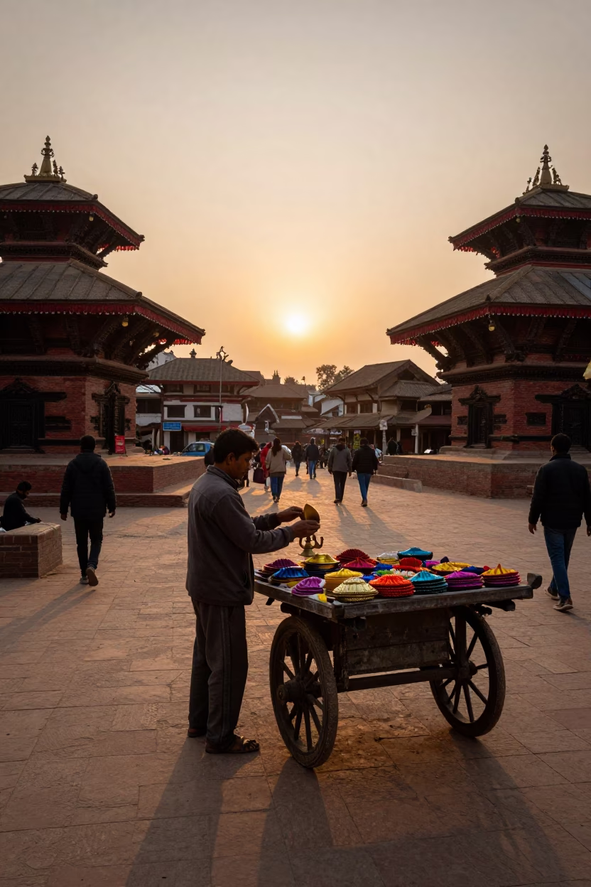 Street Scene at As The Sun Drops Toward The Horizon in Kathmandu in in Kathmandu, Nepal