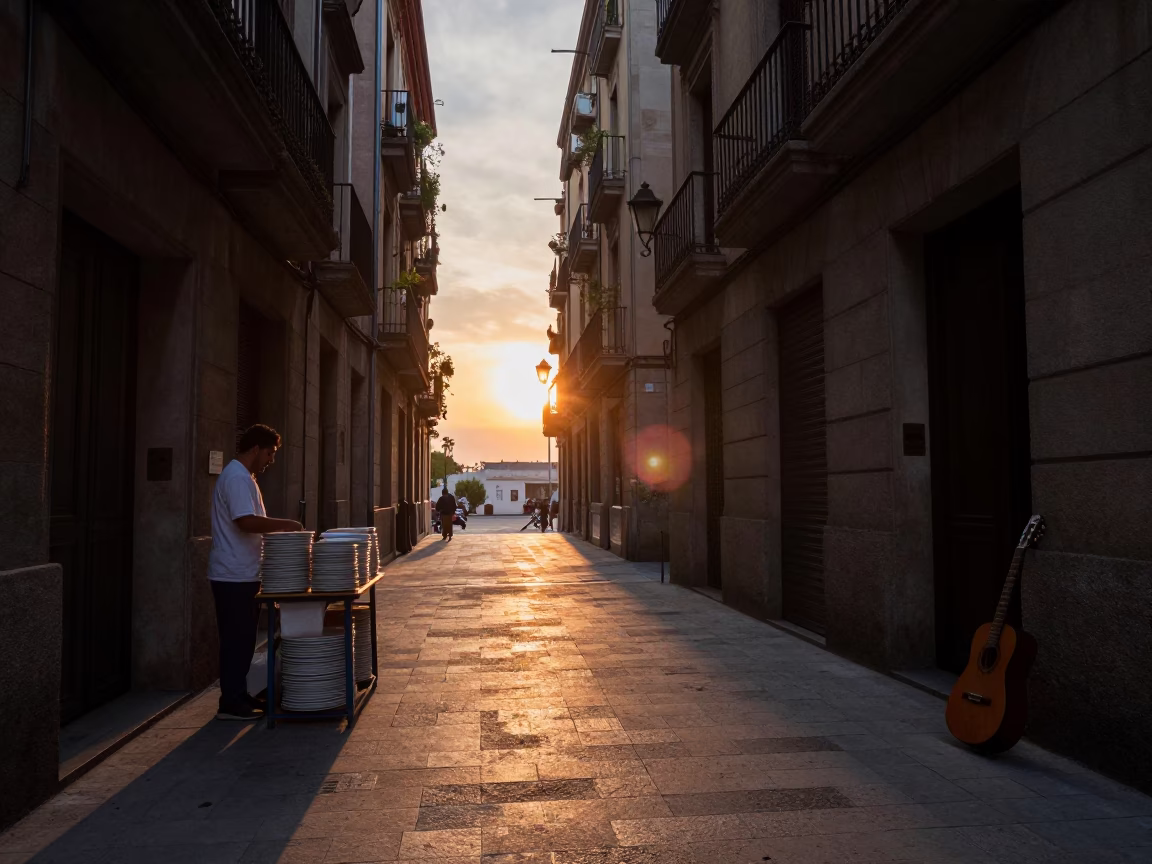 Street Scene at As The Sun Drops Toward The Horizon in Barcelona in in Barcelona, Spain