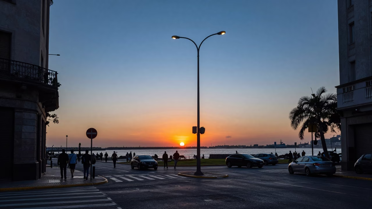 Street Scene at As The Sun Drops Toward The Horizon in Buenos Aires in in Buenos Aires, Argentina