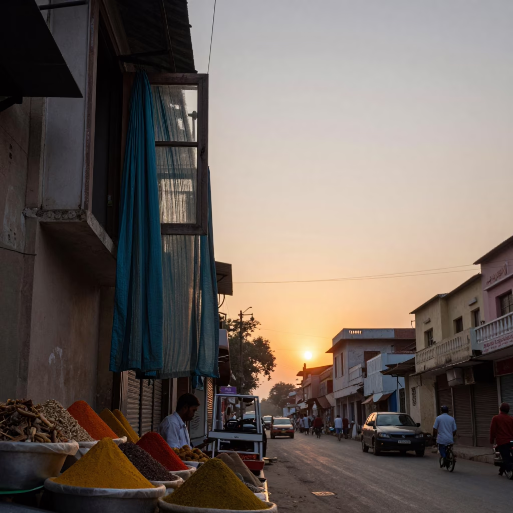 Street Scene at As The Sun Drops Toward The Horizon in Delhi in in Delhi, India