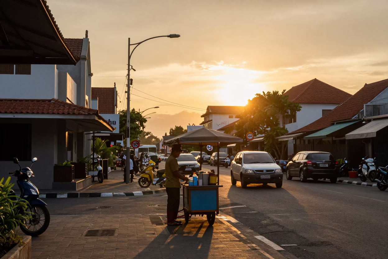Street Scene at As The Sun Drops Toward The Horizon in Denpasar in in Denpasar, Indonesia