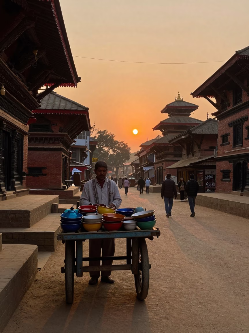 Street Scene at As The Sun Drops Toward The Horizon in Kathmandu in in Kathmandu, Nepal