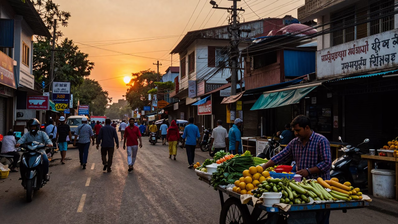 Street Scene at As The Sun Drops Toward The Horizon in Kolkata in in Kolkata, India