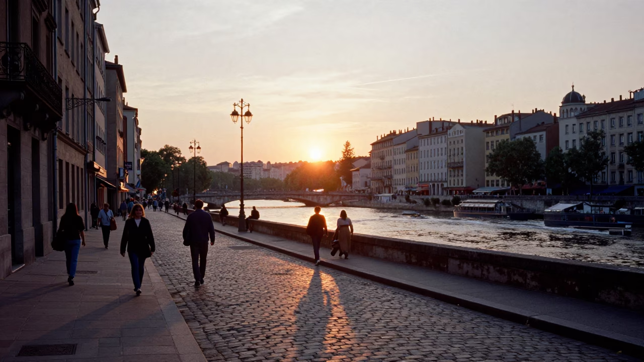 Street Scene at As The Sun Drops Toward The Horizon in Lyon in in Lyon, France