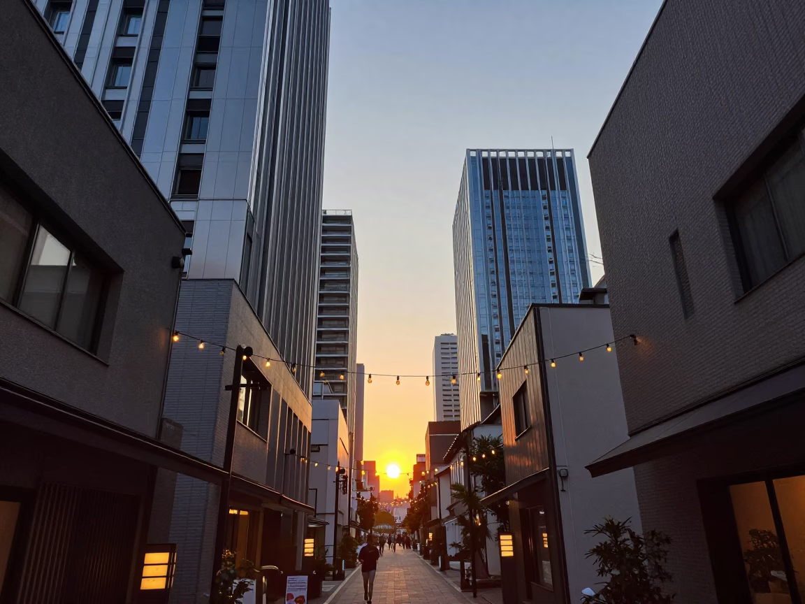 Street Scene at As The Sun Drops Toward The Horizon in Osaka in in Osaka, Japan