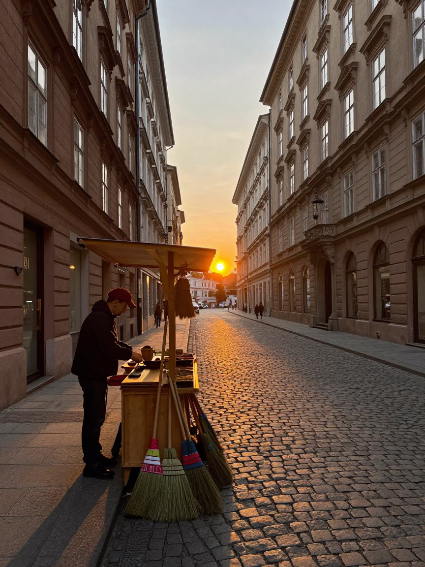 Street Scene at As The Sun Drops Toward The Horizon in Vienna in in Vienna, Austria