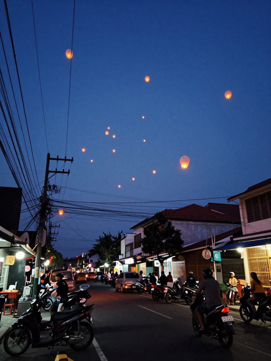 Street Scene at Blue Hour in Denpasar in in Denpasar, Indonesia
