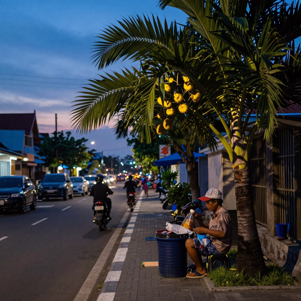 Street Scene at Blue Hour in Denpasar in in Denpasar, Indonesia