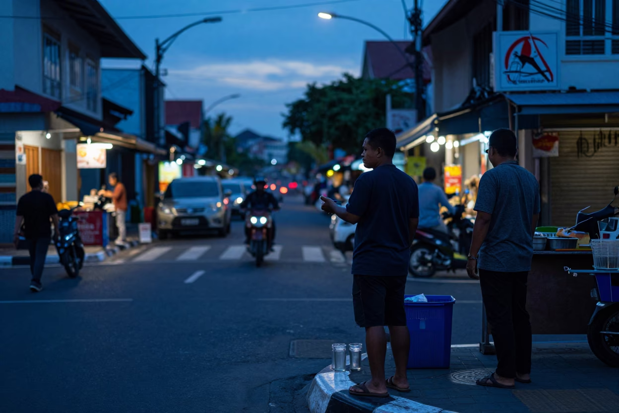 Street Scene at Blue Hour in Denpasar in in Denpasar, Indonesia