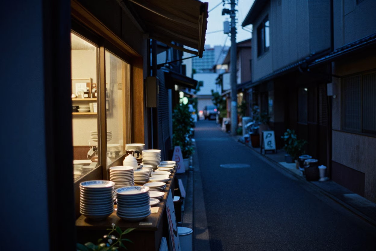 Street Scene at Blue Hour in Fukuoka in in Fukuoka, Japan