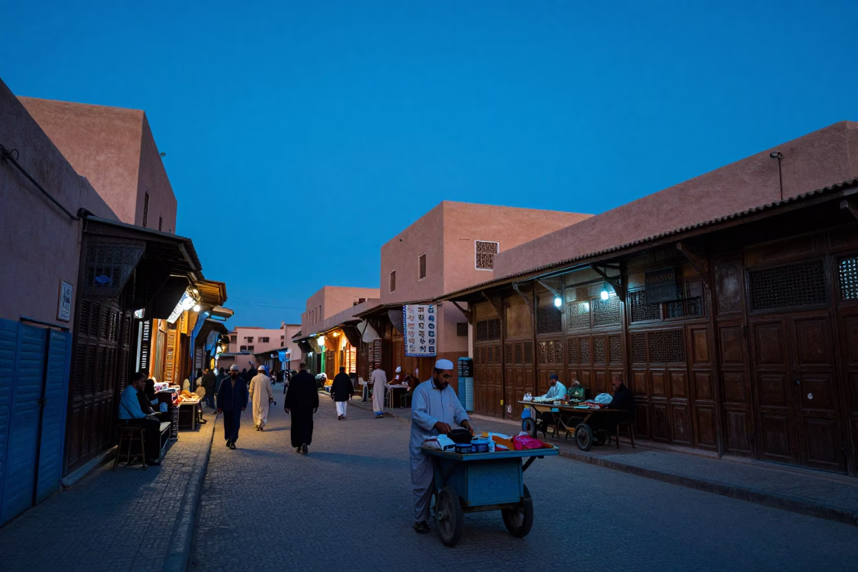 Street Scene at Blue Hour in Marrakech in in Marrakech, Morocco