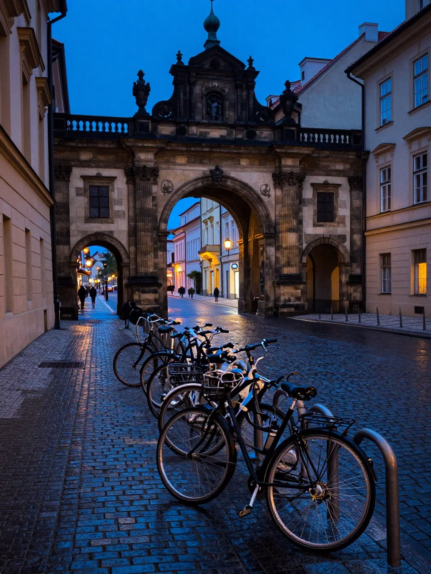 Street Scene at Blue Hour in Prague in in Prague, Czech Republic