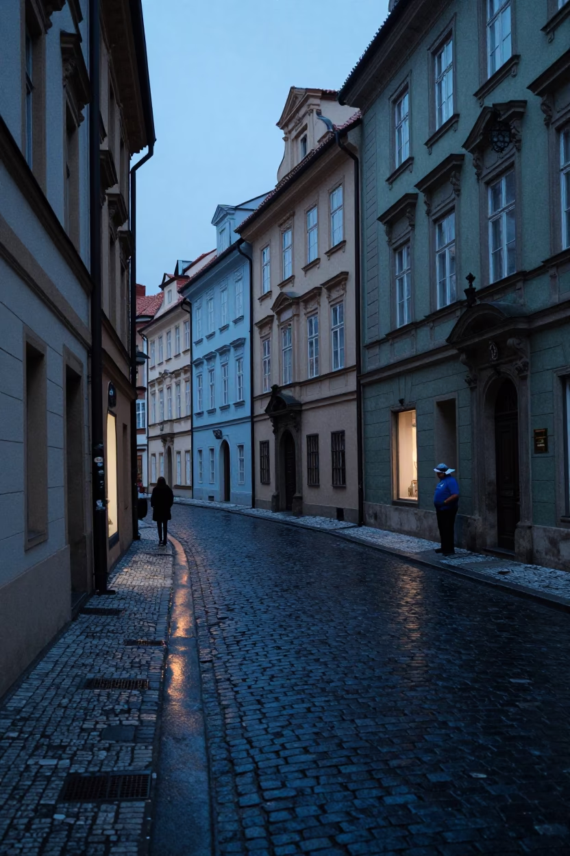 Street Scene at Blue Hour in Prague in in Prague, Czech Republic