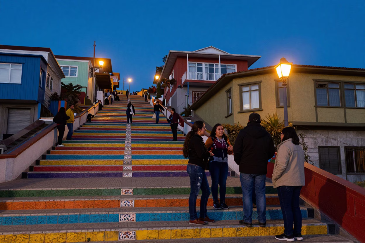 Street Scene at Blue Hour in Valparaiso in in Valparaiso, Chile