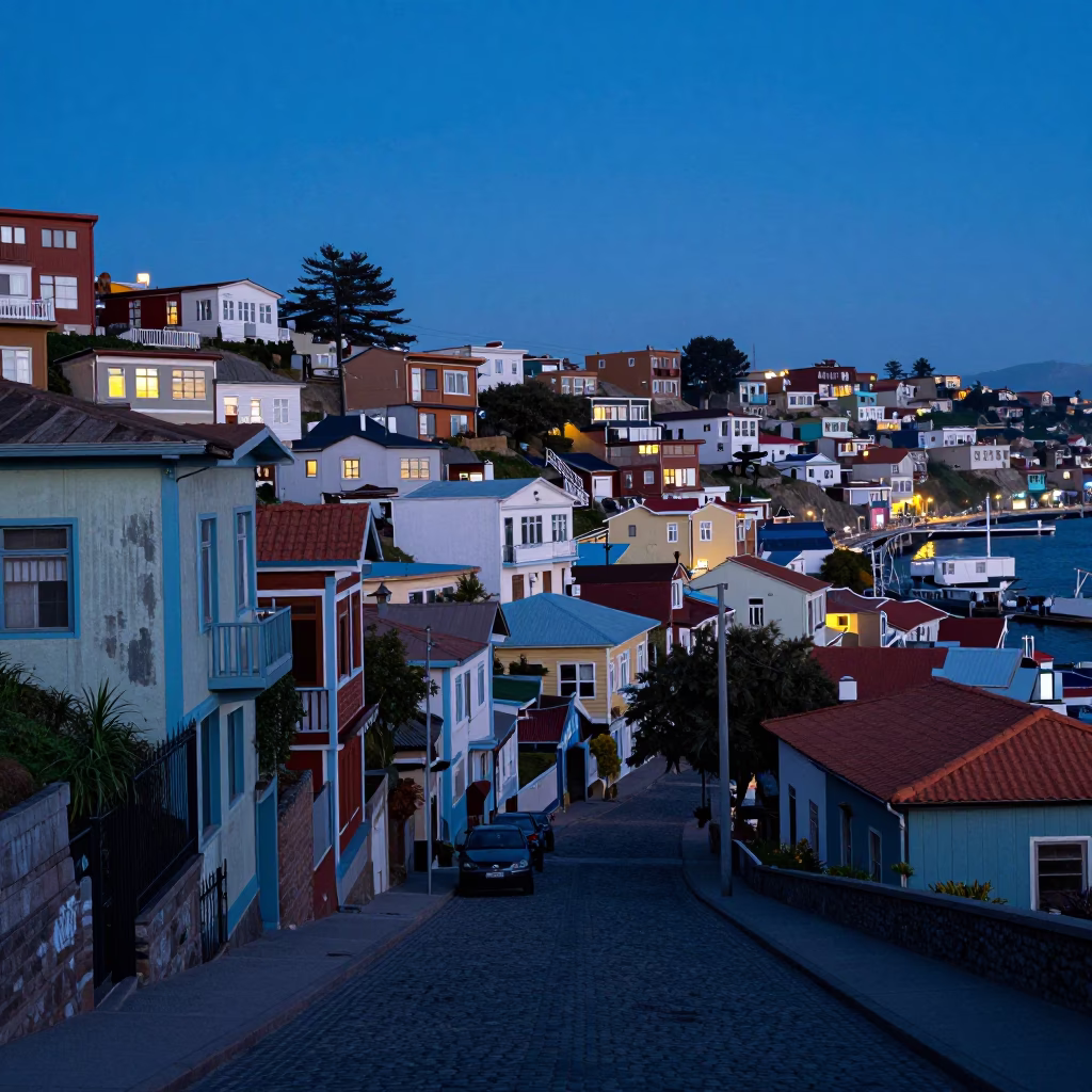 Street Scene at Blue Hour in Valparaiso in in Valparaiso, Chile