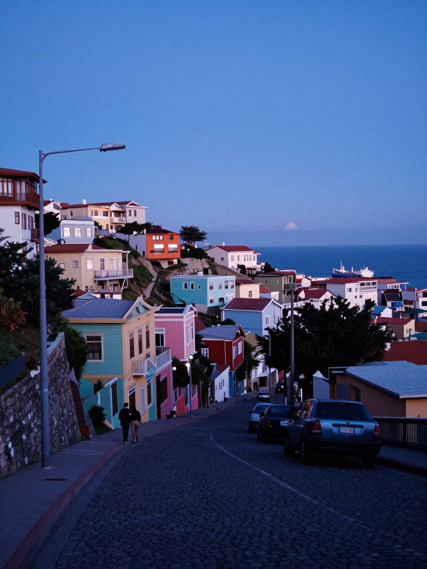 Street Scene at Blue Hour in Valparaiso in in Valparaiso, Chile
