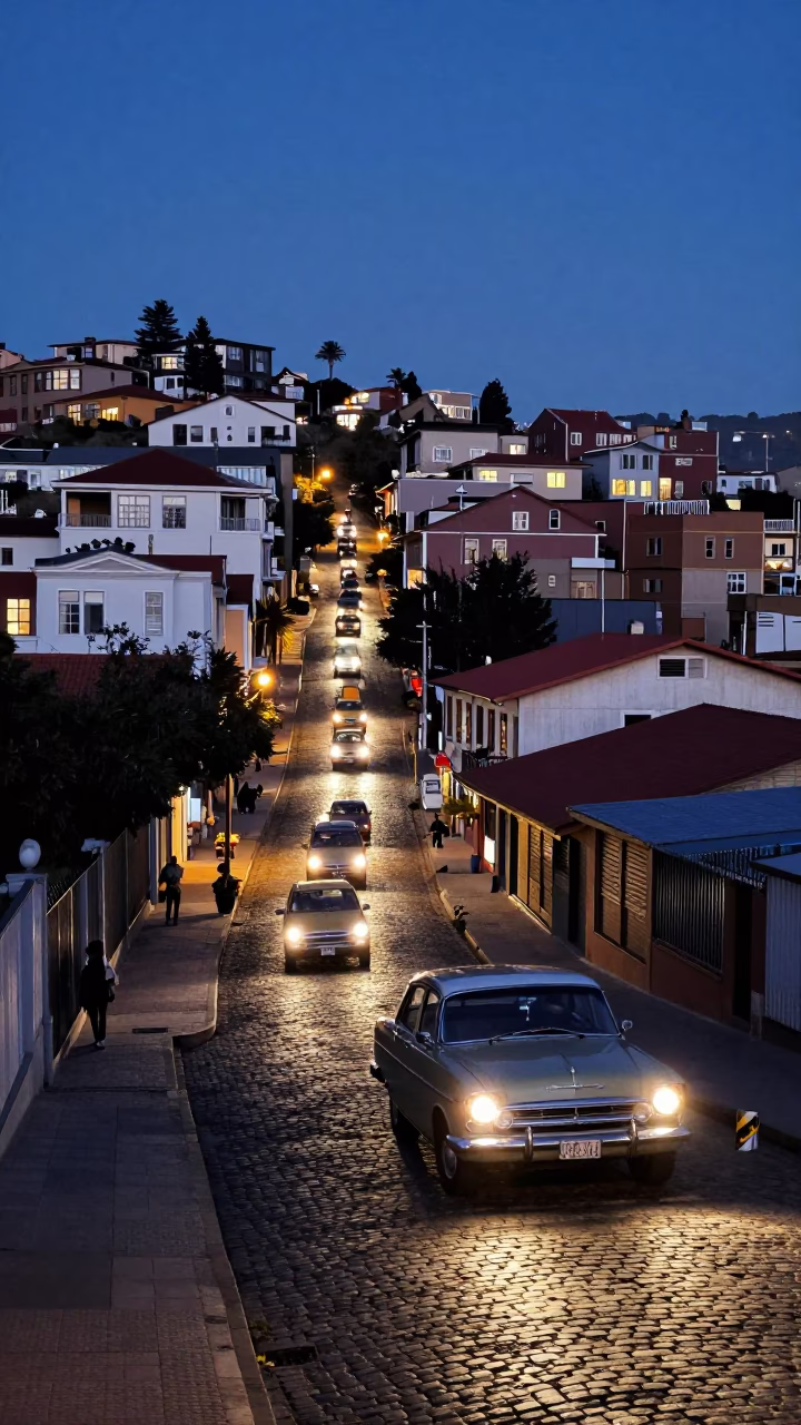 Street Scene at Blue Hour in Valparaiso in in Valparaiso, Chile
