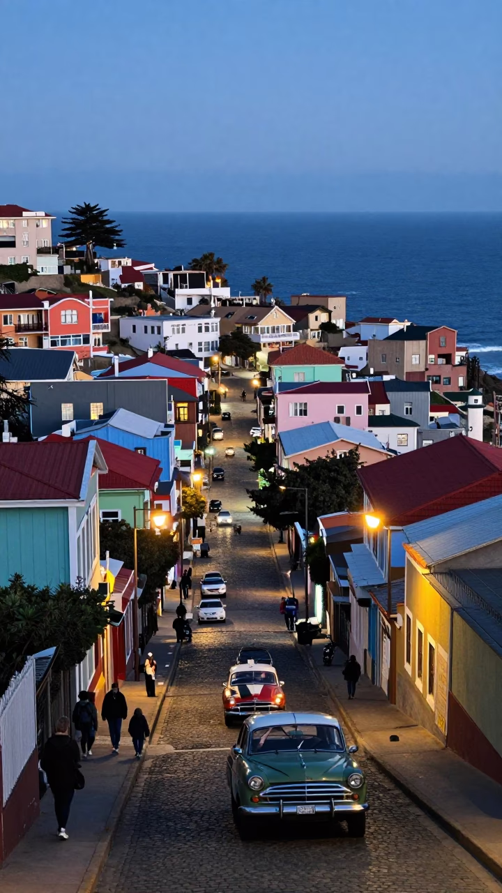 Street Scene at Blue Hour in Valparaiso in in Valparaiso, Chile