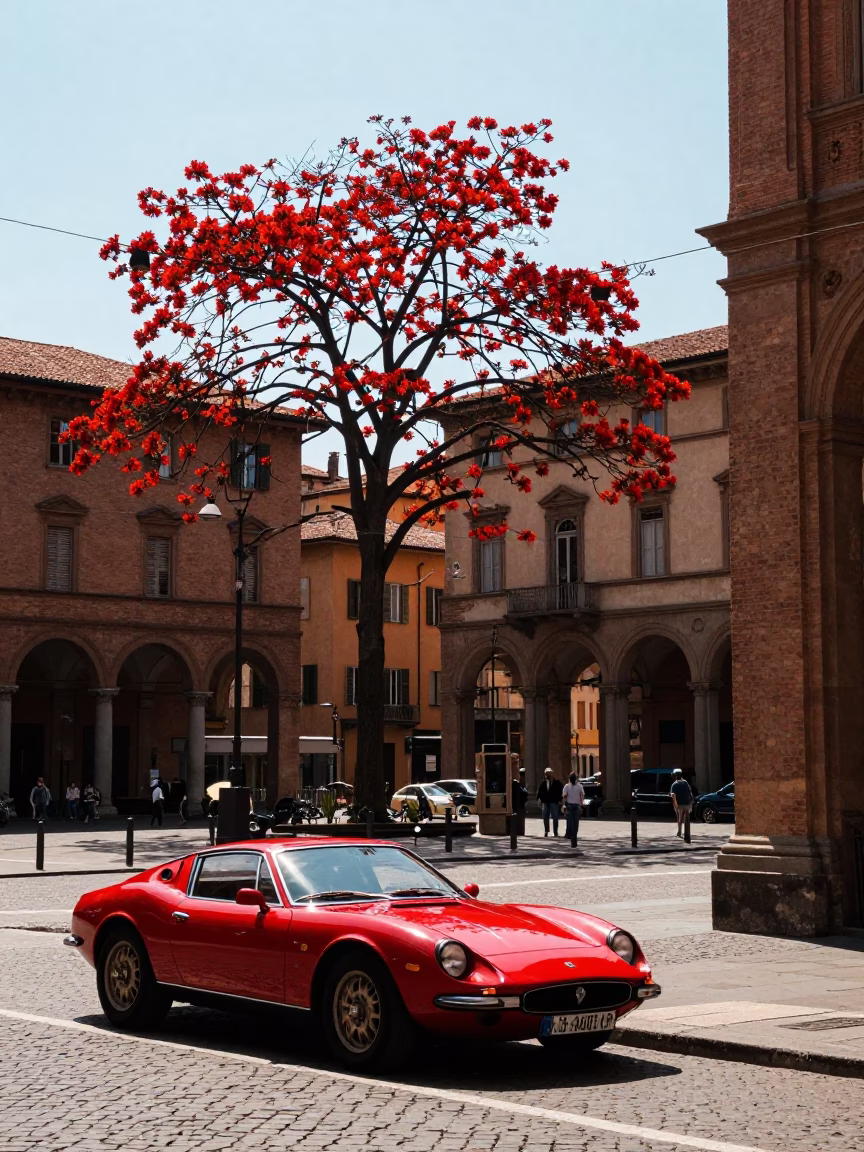 Street Scene at Bright Midmorning Light in Bologna in in Bologna, Italy