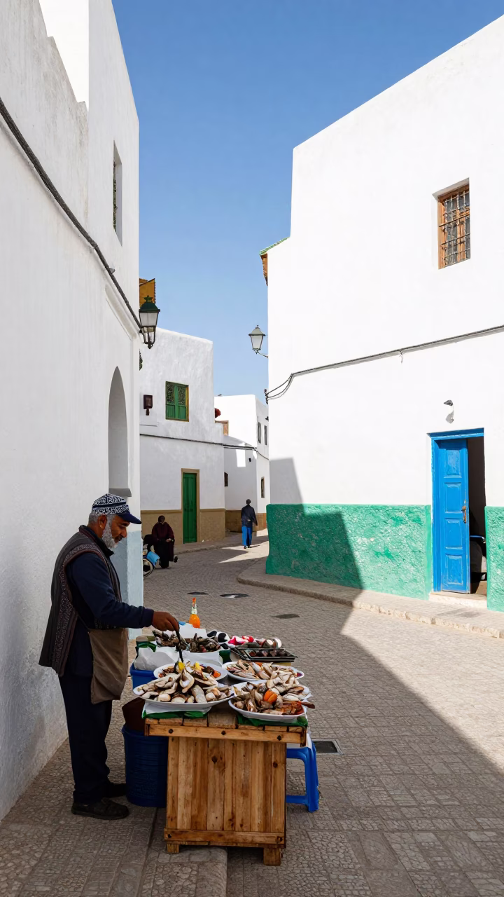 Street Scene at Bright Midmorning Light in Essaouira in in Essaouira, Morocco