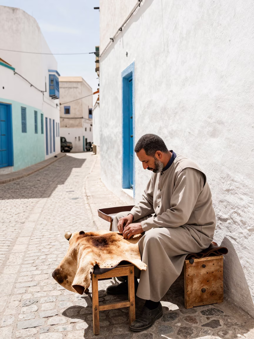 Street Scene at Bright Midmorning Light in Essaouira in in Essaouira, Morocco