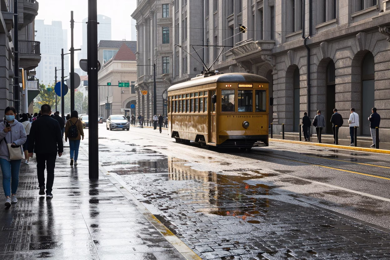 Street Scene at Bright Midmorning Light in Shanghai in in Shanghai, China