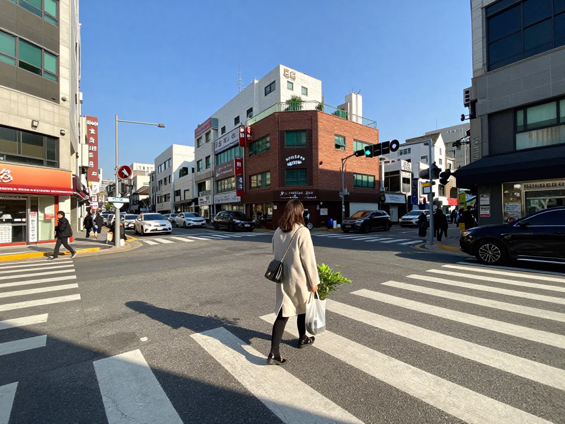 Street Scene at Clear Late-afternoon Light in Seoul in in Seoul, South Korea