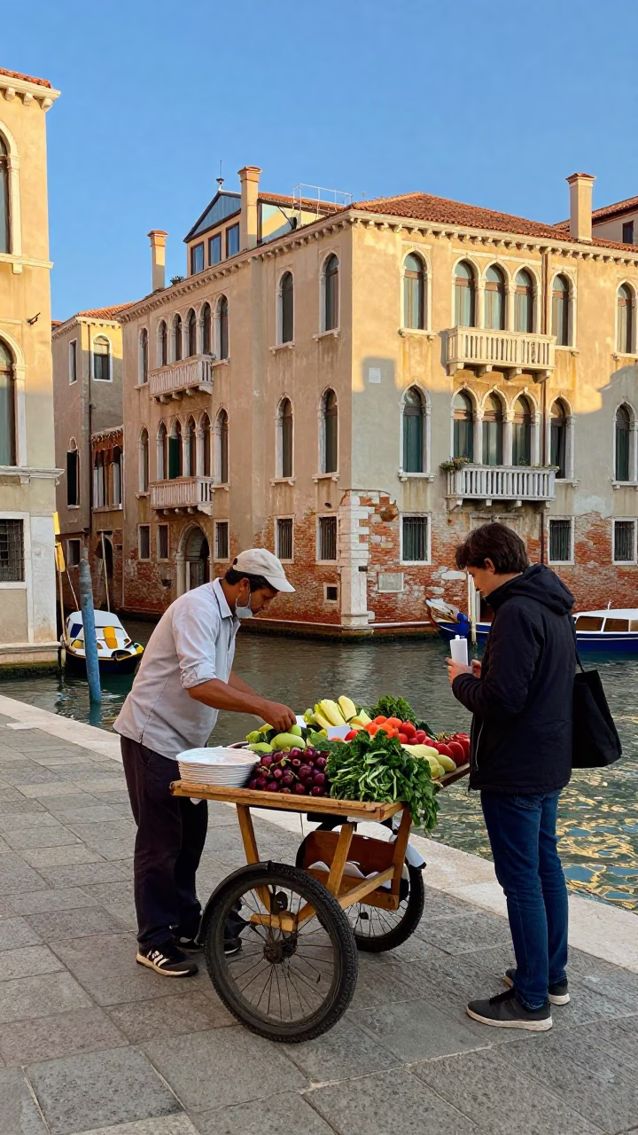 Street Scene at Clear Late-afternoon Light in Venice in in Venice, Italy