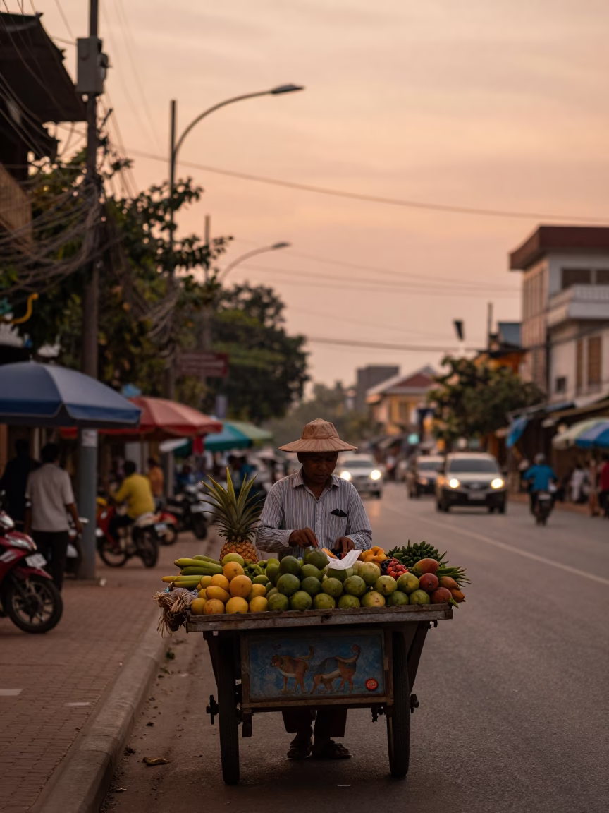 Street Scene at Copper-toned Light Before Dusk in Phnom Penh in in Phnom Penh, Cambodia