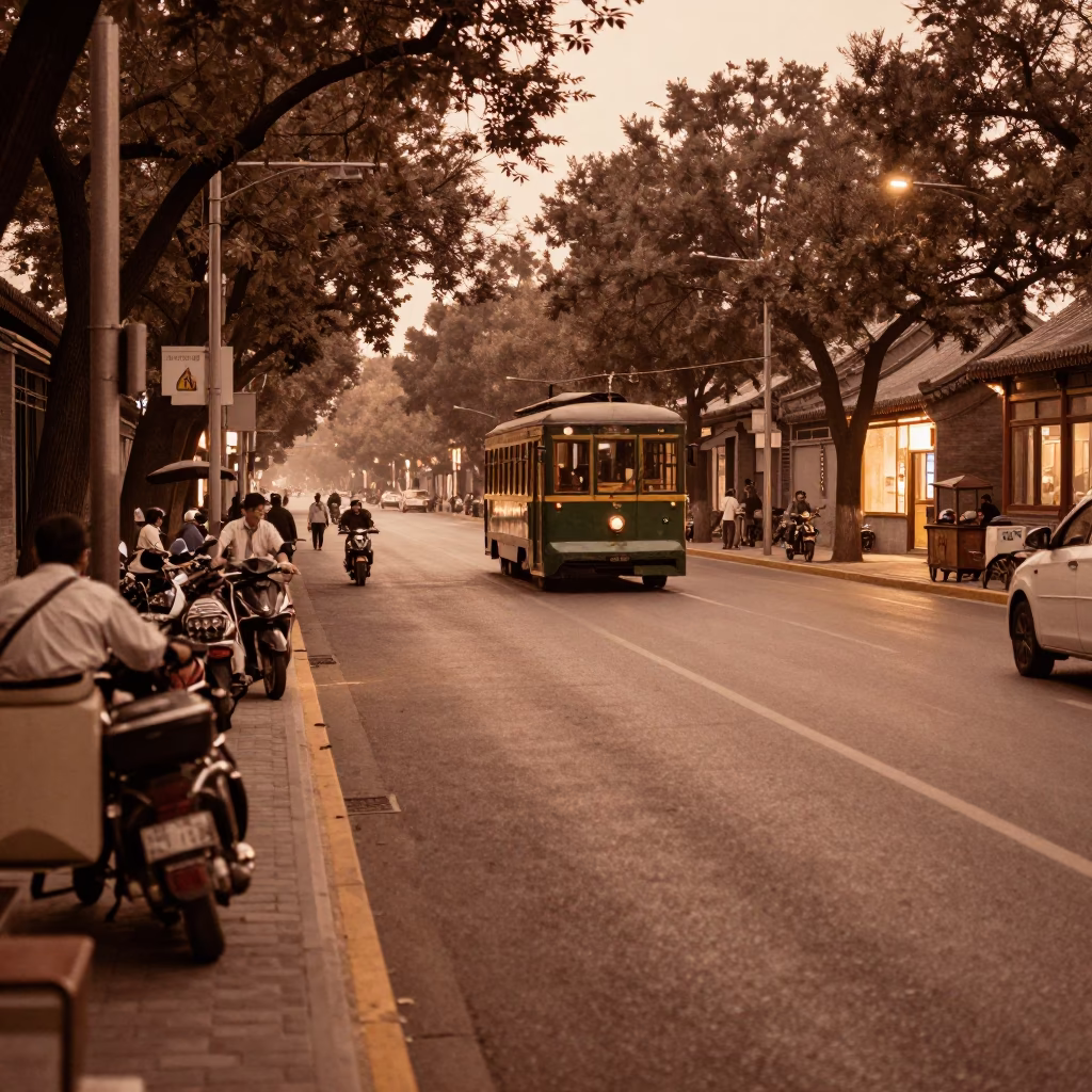 Street Scene at Copper-toned Light Before Dusk in Beijing in in Beijing, China