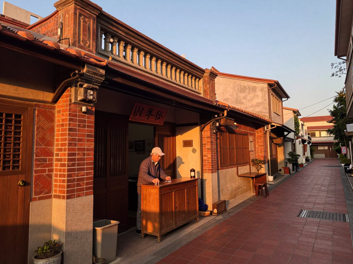 Street Scene at Copper-toned Light Before Dusk in Tainan in in Tainan, Taiwan
