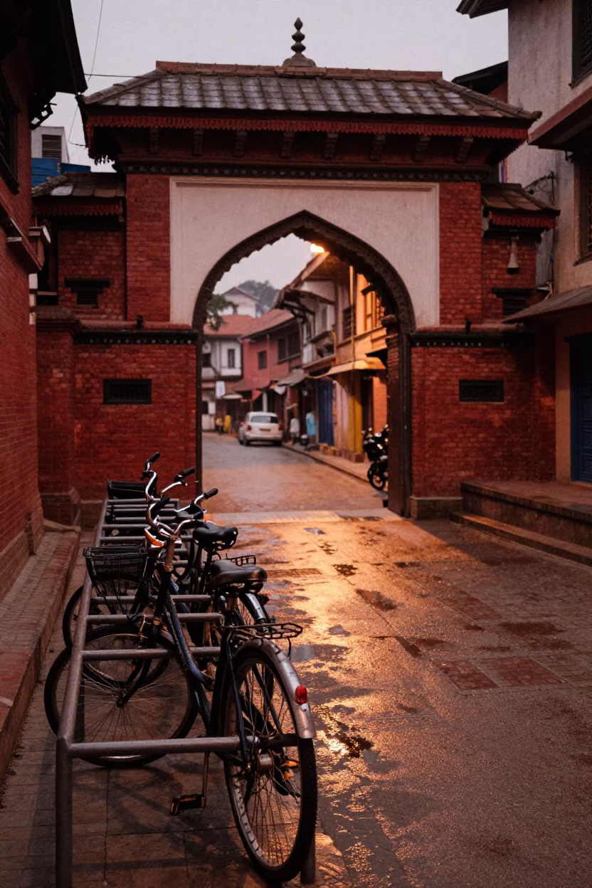 Street Scene at Copper-toned Light Before Dusk in Kathmandu in in Kathmandu, Nepal