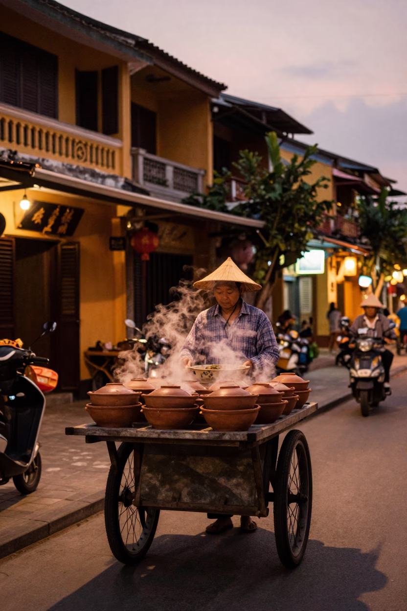 Street Scene at Copper-toned Light Before Dusk in Hoi An in in Hoi An, Vietnam