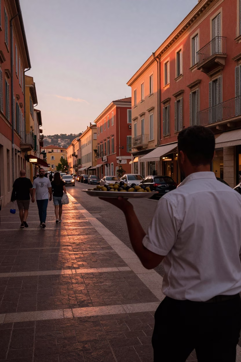 Street Scene at Copper-toned Light Before Dusk in Nice in in Nice, France