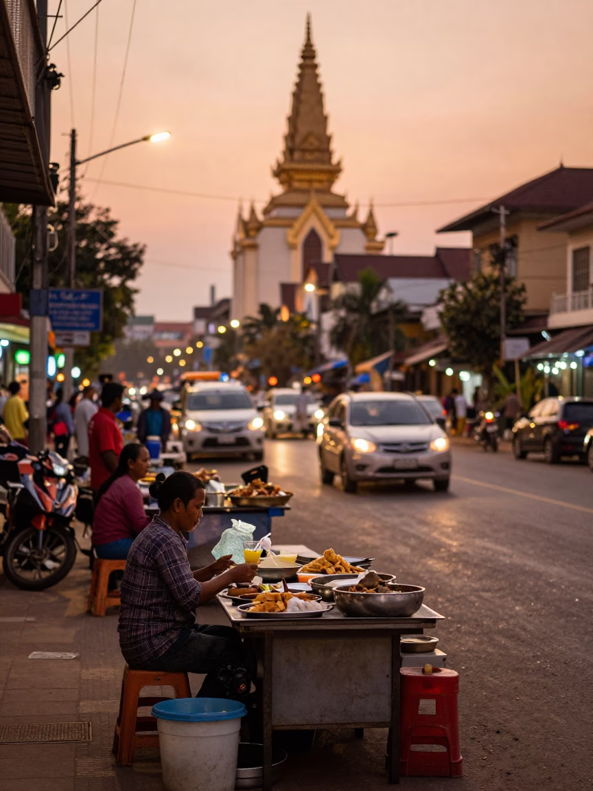 Street Scene at Copper-toned Light Before Dusk in Phnom Penh in in Phnom Penh, Cambodia