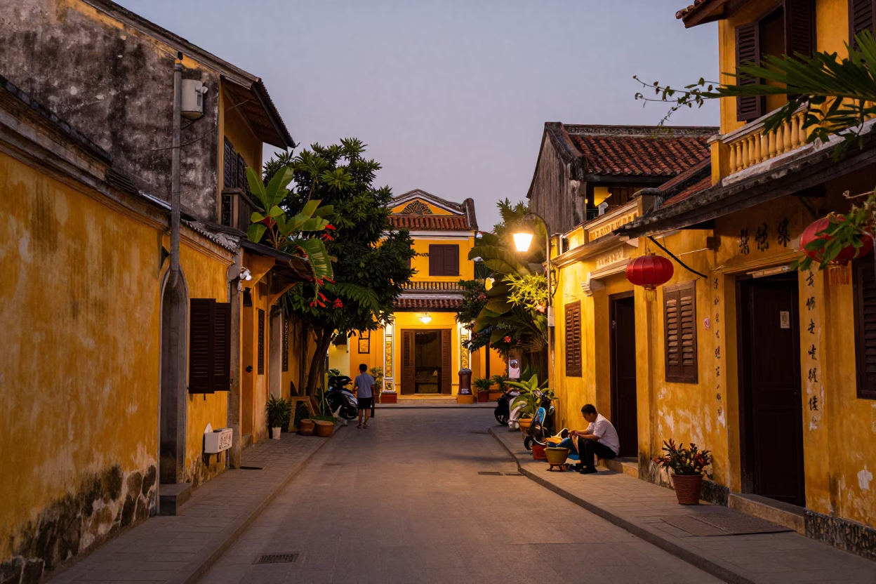 Street Scene at Copper-toned Light Before Dusk in Hoi An in in Hoi An, Vietnam