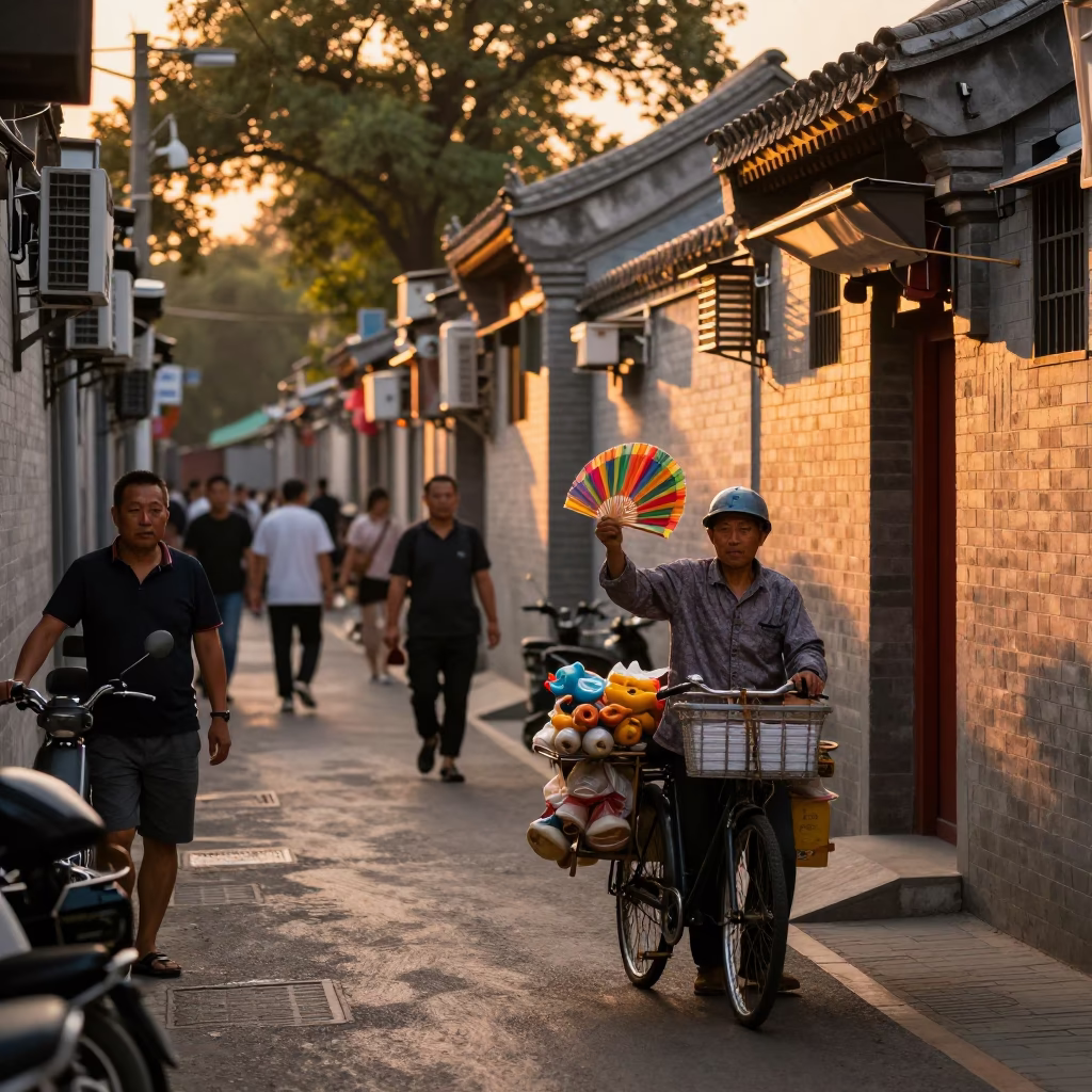 Street Scene at Copper-toned Light Before Dusk in Beijing in in Beijing, China