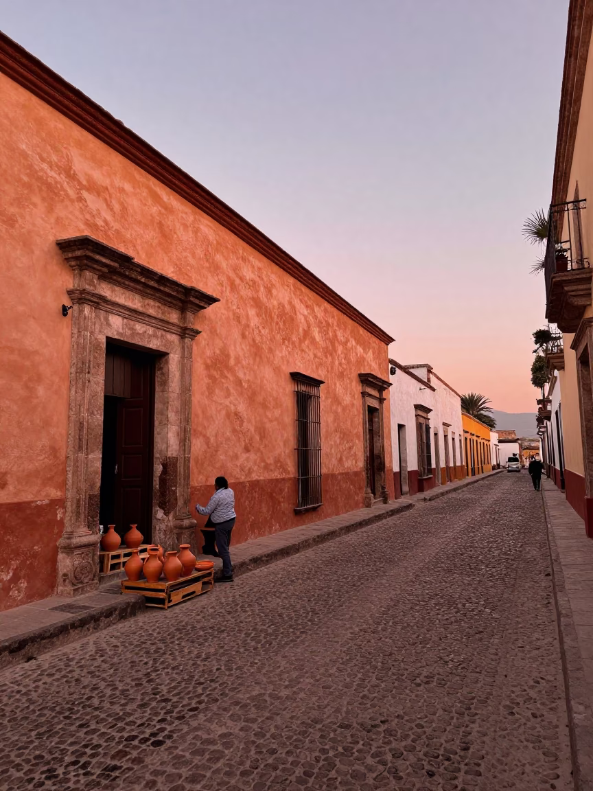 Street Scene at Copper-toned Light Before Dusk in Oaxaca in in Oaxaca, Mexico