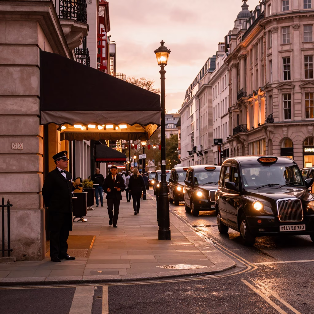 Street Scene at Copper-toned Light Before Dusk in London in in London, United Kingdom