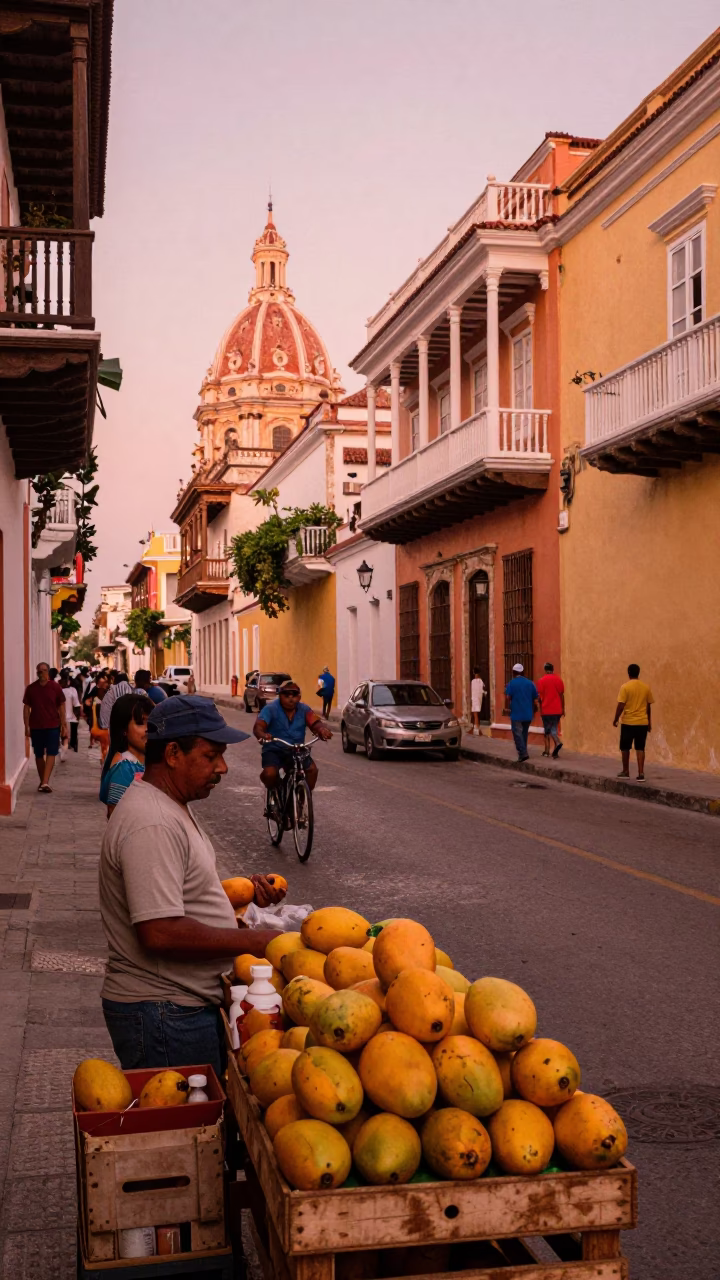 Street Scene at Copper-toned Light Before Dusk in Cartagena in in Cartagena, Colombia